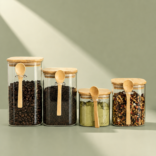 Bundle of 4 Square Glass Jars (18, 25, 34, 44 oz) with spoon