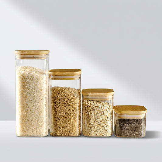Bundle of 4 Square Jars (6, 13, 22, 27 oz.) Bamboo Lid
