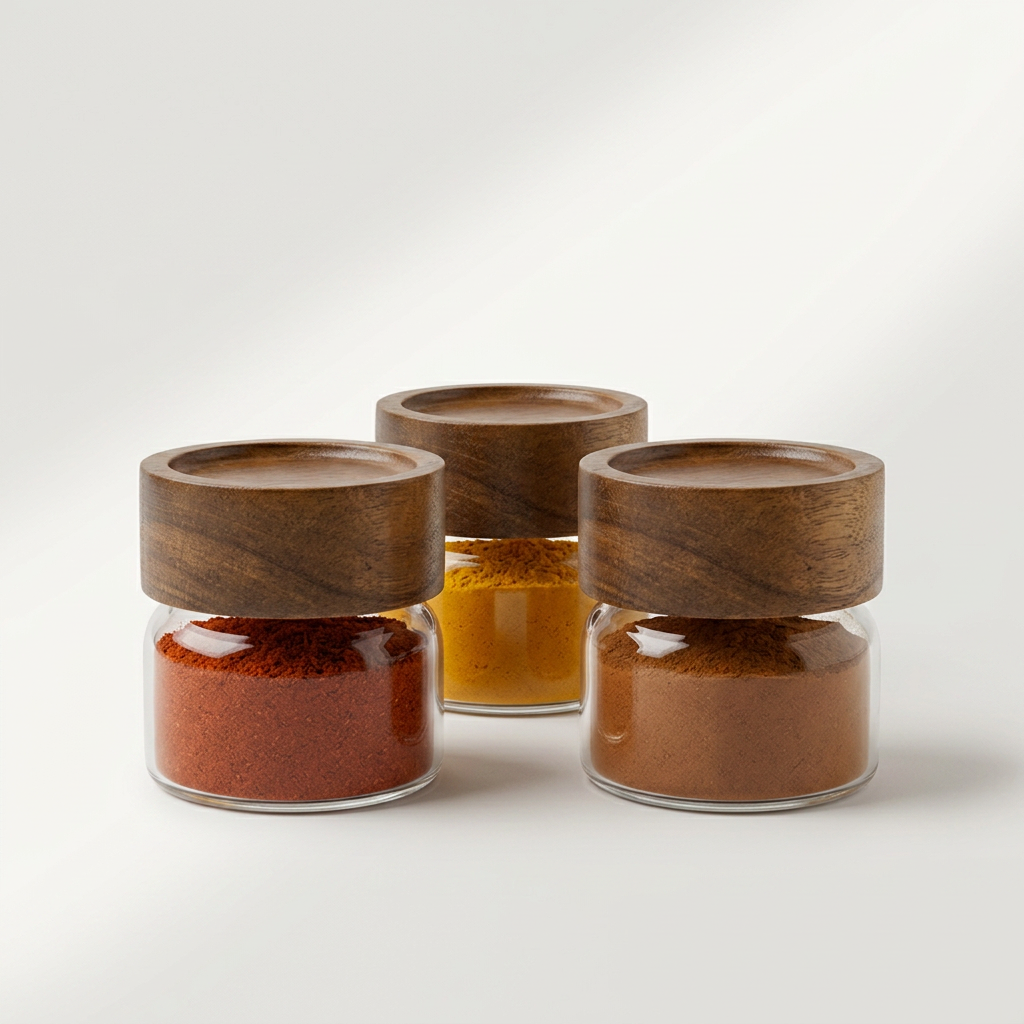 Three small clear glass spice jars with round dark wood lids, filled with red, yellow, and brown spices, arranged on a light gray background.