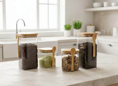 Bundle of 4 Square Glass Jars (18, 25, 34, 44 oz) with spoon