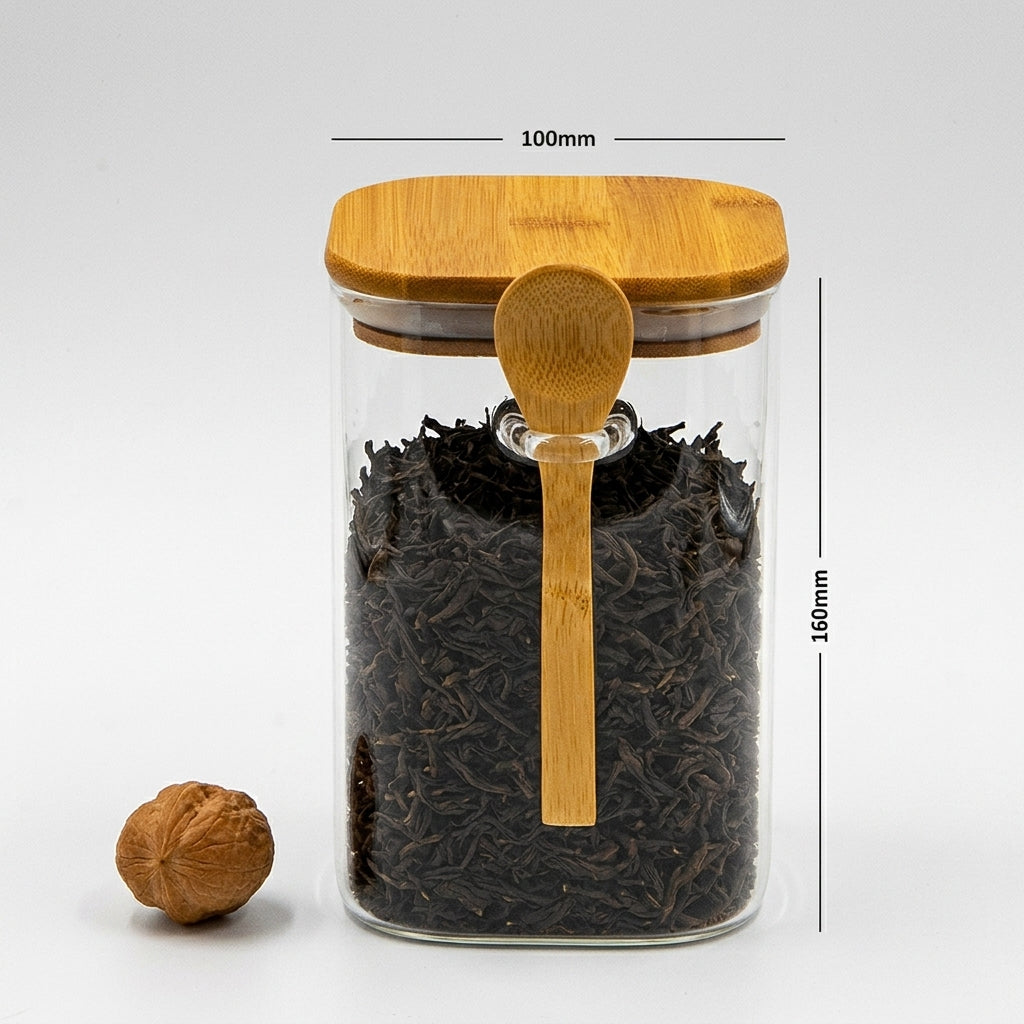 Bundle of 4 Square Glass Jars (18, 25, 34, 44 oz) with spoon