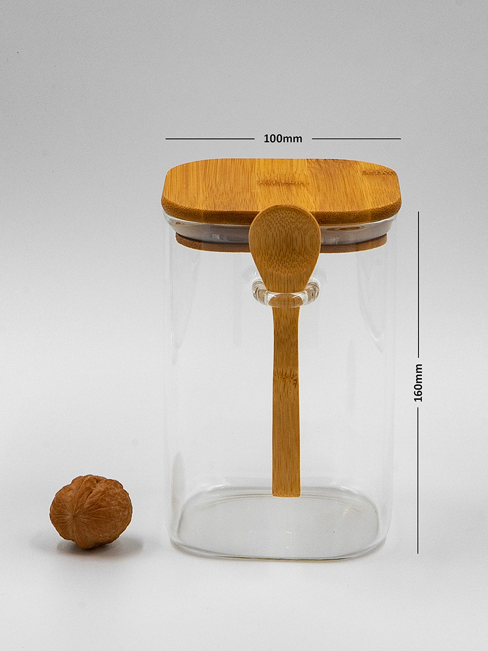 Bundle of 4 Square Glass Jars (18, 25, 34, 44 oz) with spoon