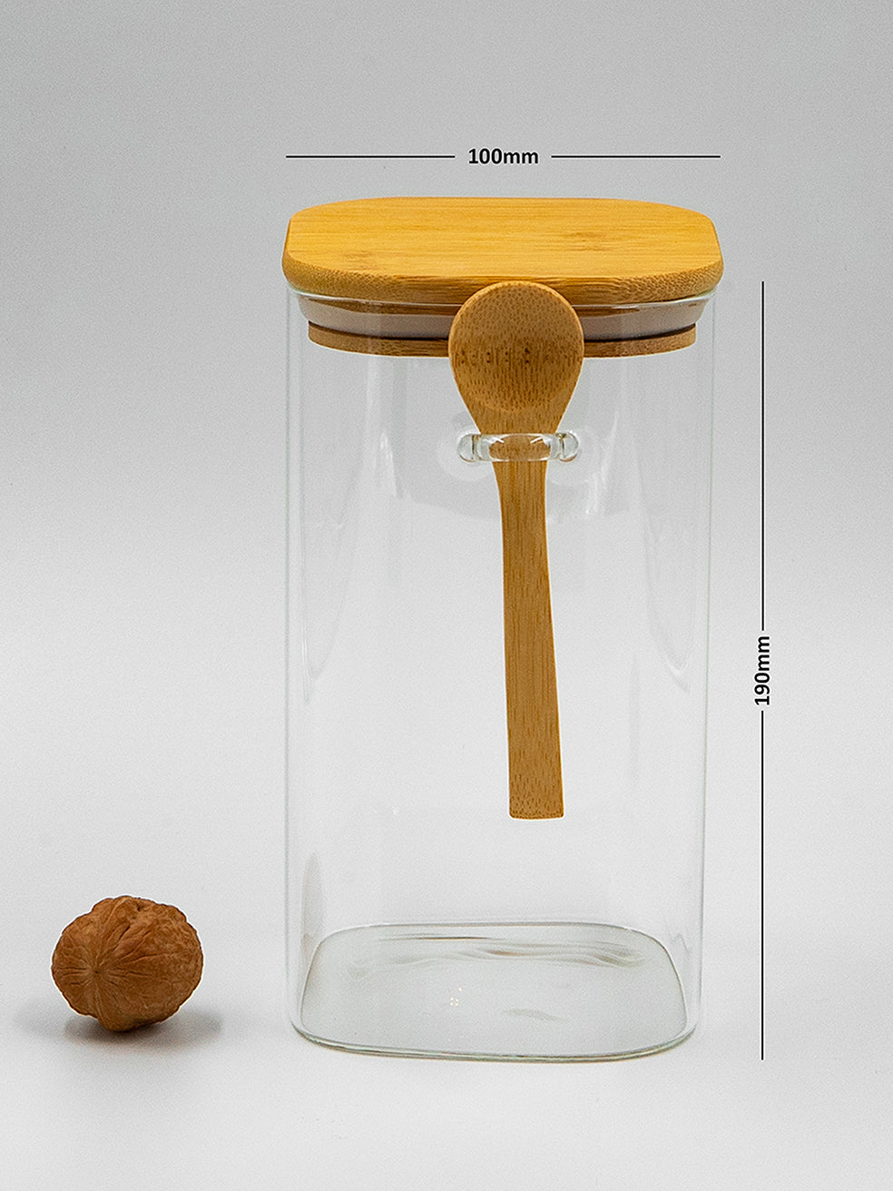Bundle of 4 Square Glass Jars (18, 25, 34, 44 oz) with spoon