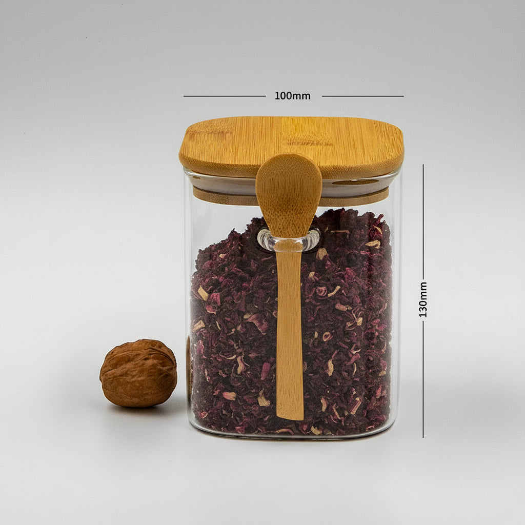 Bundle of 4 Square Glass Jars (18, 25, 34, 44 oz) with spoon