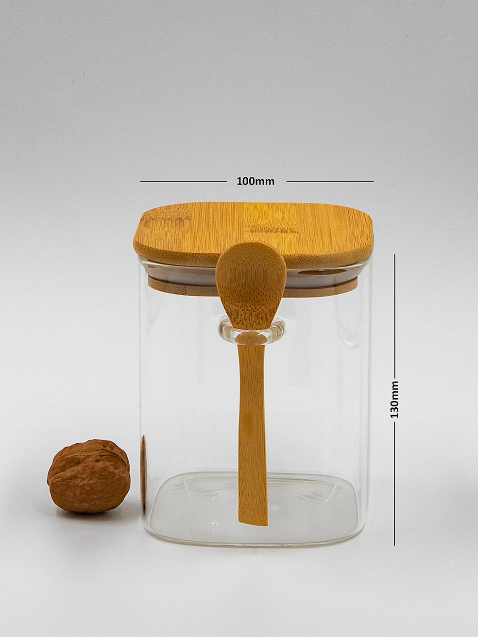 Bundle of 4 Square Glass Jars (18, 25, 34, 44 oz) with spoon