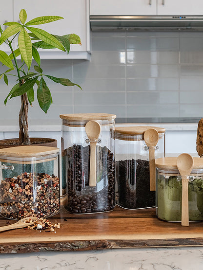 Bundle of 4 Square Glass Jars (18, 25, 34, 44 oz) with spoon